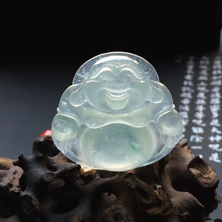 冰玻种略飘花玉佛挂件