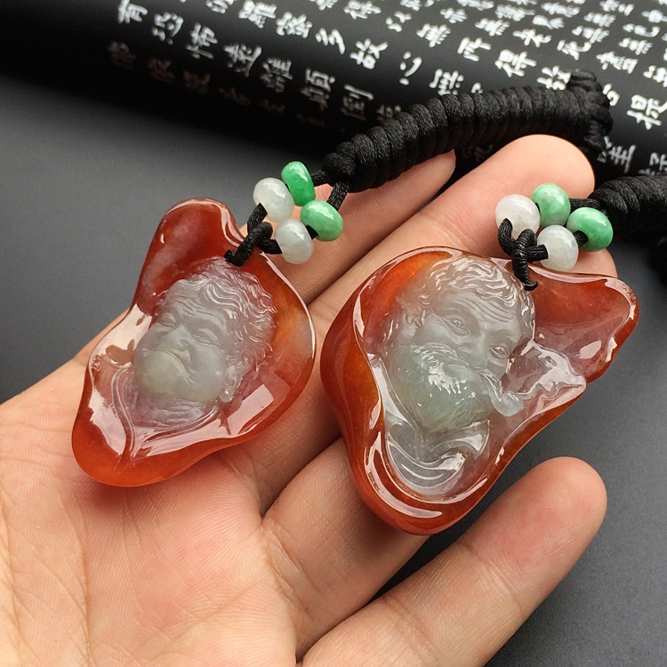 （超值推荐）（玉雕名家高松峰作品）糯冰种红黄翡白头偕老挂件一对