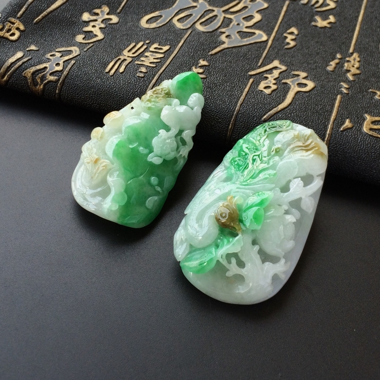 (超值推荐)糯冰种黄加绿荷塘清趣/凤戏牡丹挂件一对走