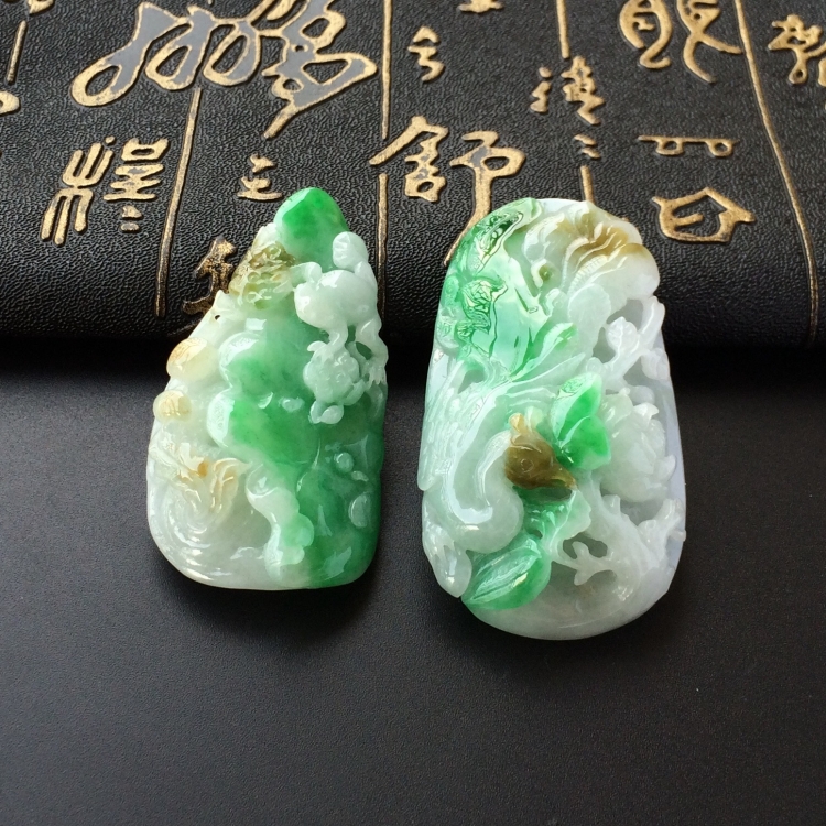 (超值推荐)糯冰种黄加绿荷塘清趣/凤戏牡丹挂件一对走