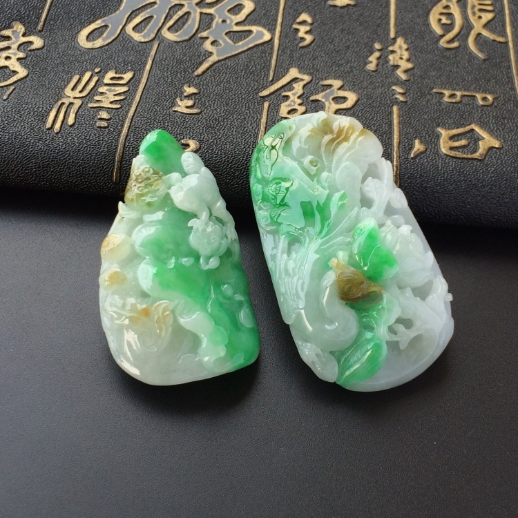 (超值推荐)糯冰种黄加绿荷塘清趣/凤戏牡丹挂件一对走