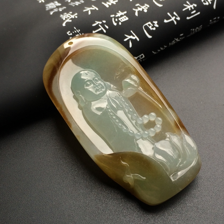 （超值推荐）糯冰种褐黄翡莲悟挂件
