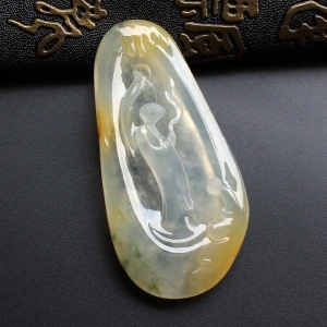 （超值推荐）冰玻种黄翡略飘花悟道挂件