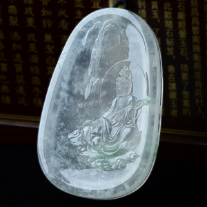 （超值推荐）（玉雕名家高松峰作品）冰玻种略飘花观音挂件