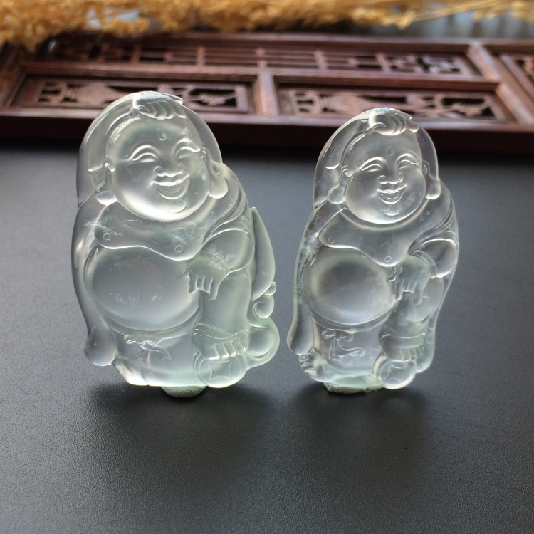 (超值推荐)玻璃种无色弥勒佛挂件一对走