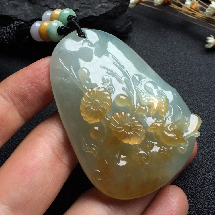 （超值推荐）糯冰种晴水黄翡鸟语花香挂件