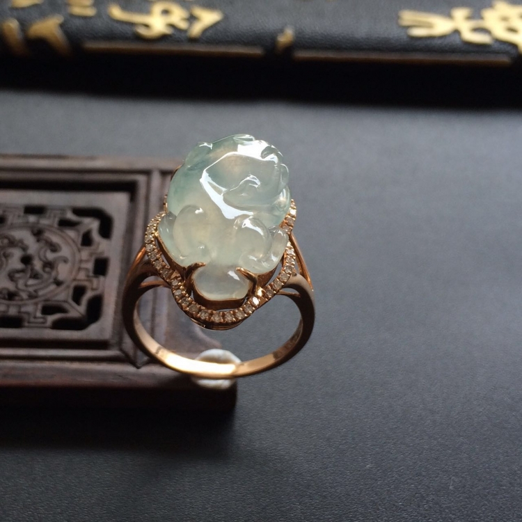 （超值推荐）冰种略飘花镶玫瑰金钻石貔貅戒指