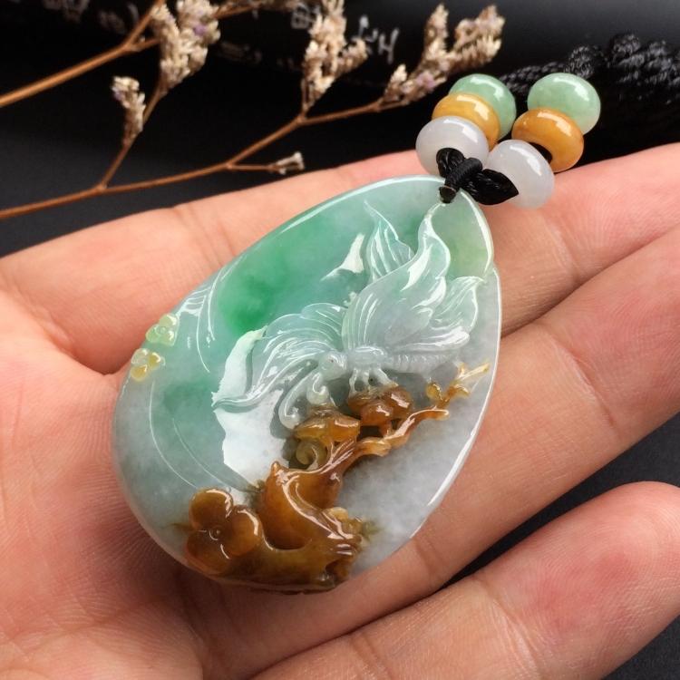 （超值推荐）糯冰种三彩蝶恋花挂件