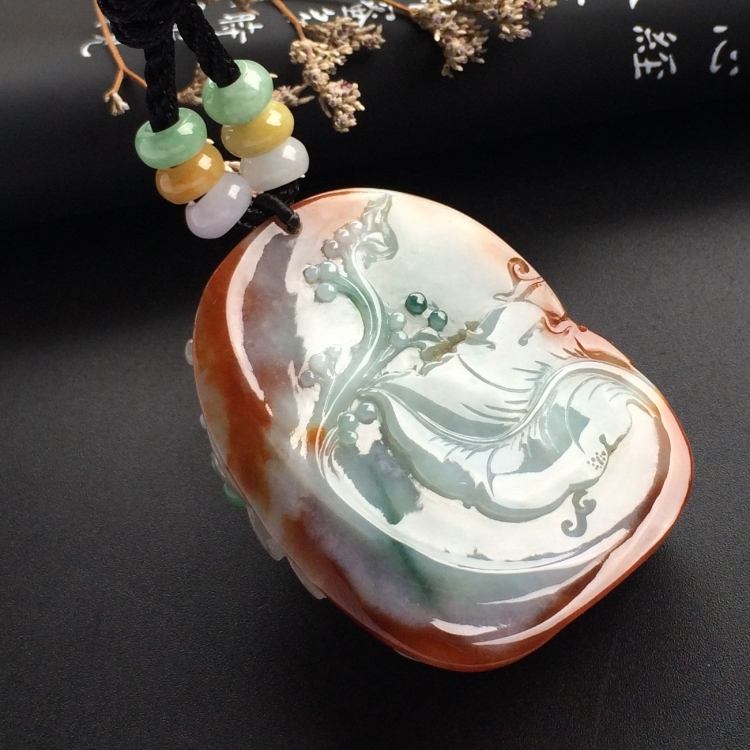 （超值推荐）糯冰种褐黄翡飘花富贵花开挂件
