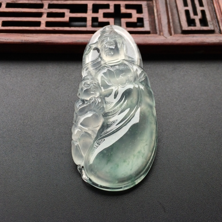 (超值推荐)冰玻种飘花童子拜观音挂件