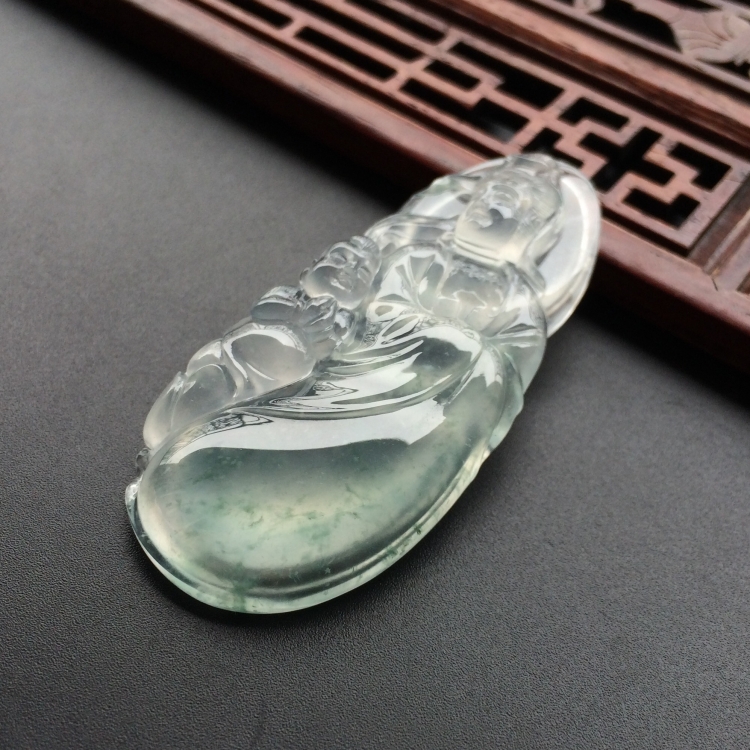 (超值推荐)冰玻种飘花童子拜观音挂件