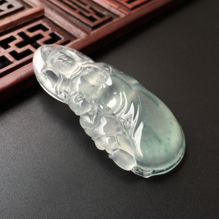 (超值推荐)冰玻种飘花童子拜观音挂件
