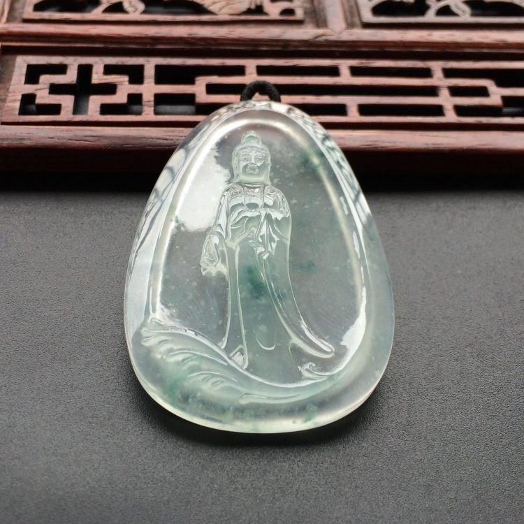 (超值推荐)冰玻种飘花站观音挂件