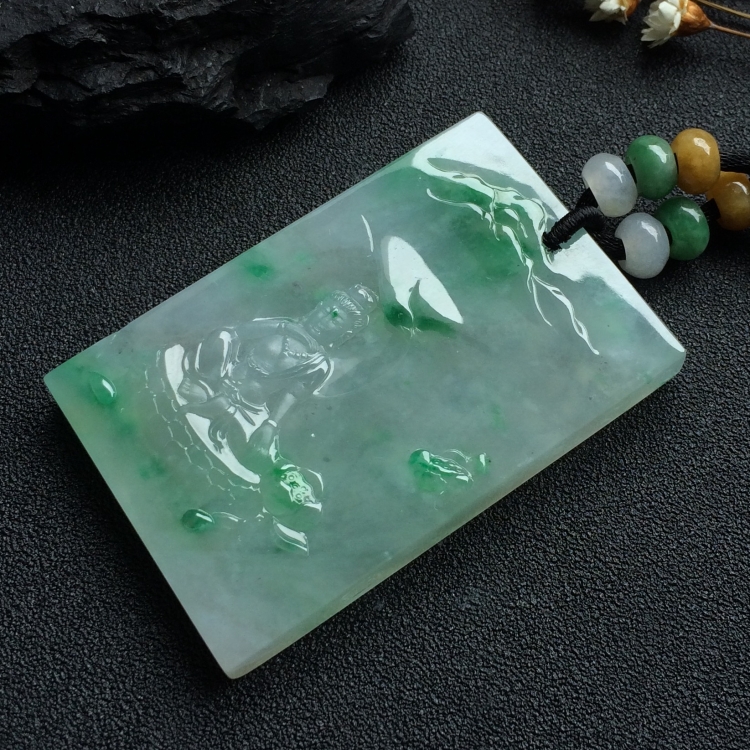 （超值推荐）（玉雕名家高松峰作品）冰种飘绿花观音挂件