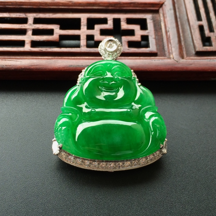 (超值推荐)糯冰种阳绿镶白金钻石玉佛胸坠