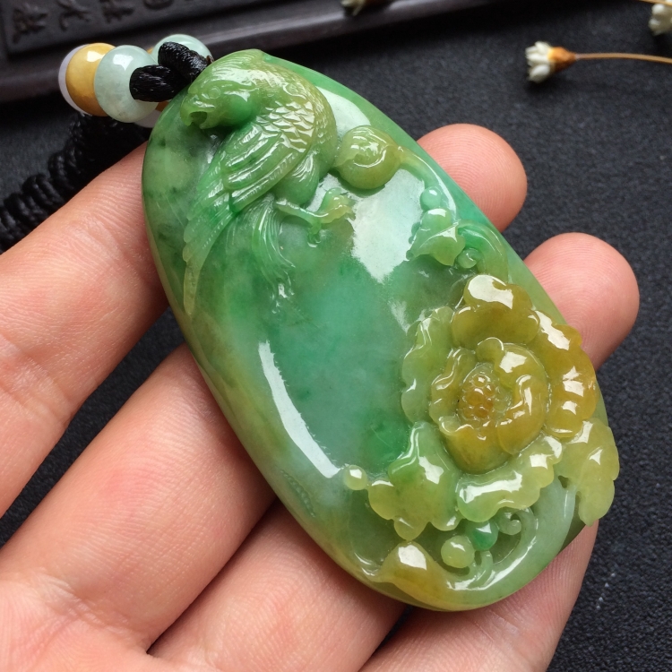 （超值推荐）糯冰种黄加绿花开富贵挂件