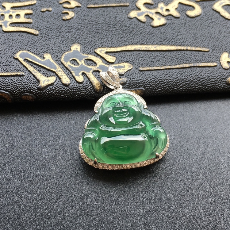 (超值推荐)冰种蓝水镶白金钻石玉佛胸坠