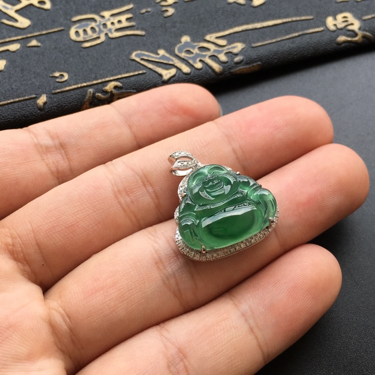 (超值推荐)冰种蓝水镶白金钻石玉佛胸坠