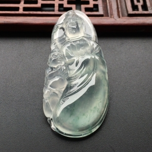 (超值推荐)冰玻种飘花童子拜观音挂件