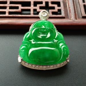 (超值推荐)糯冰种阳绿镶白金钻石玉佛胸坠
