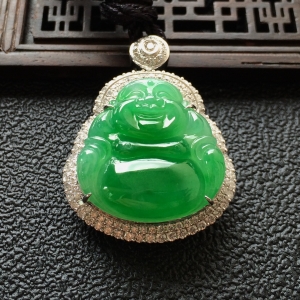 (超值推荐)糯冰种阳绿镶白金钻石玉佛胸坠