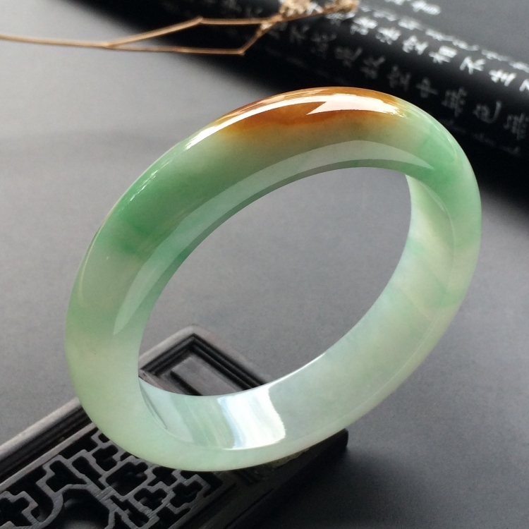 （超值推荐）糯冰种褐黄翡飘花手镯（58mm）