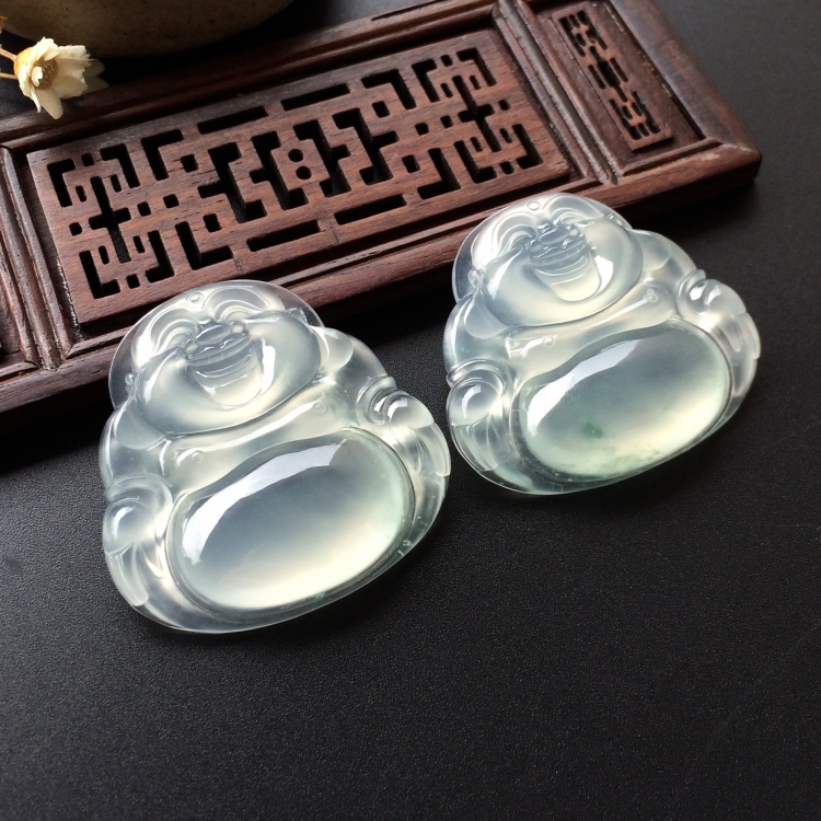 (超值推荐)冰种淡晴水/略飘花玉佛挂件一对走