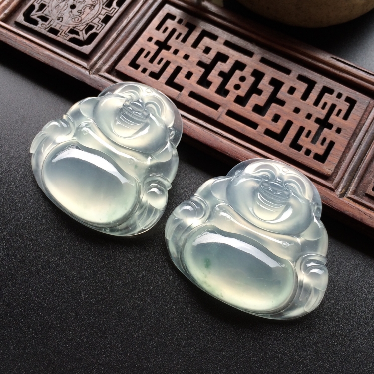 (超值推荐)冰种淡晴水/略飘花玉佛挂件一对走