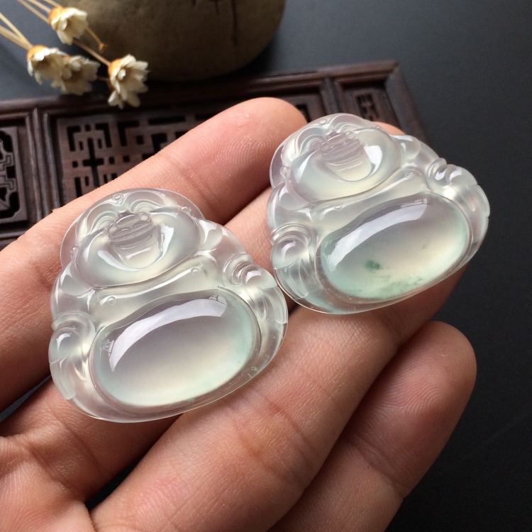 (超值推荐)冰种淡晴水/略飘花玉佛挂件一对走
