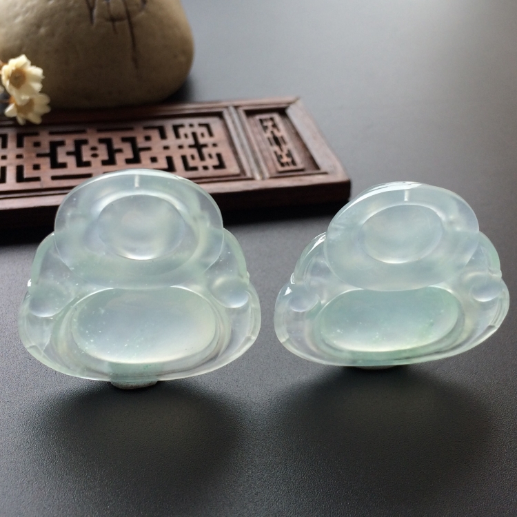 (超值推荐)冰种淡晴水/略飘花玉佛挂件一对走