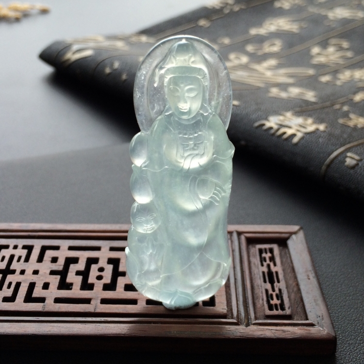 (超值推荐)冰种淡晴水童子拜观音挂件
