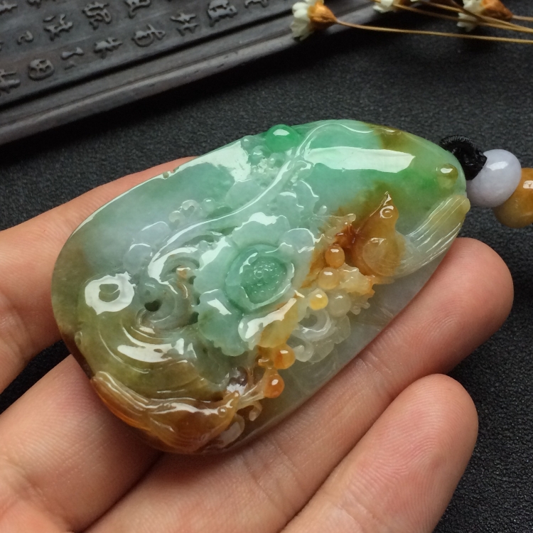 （超值推荐）糯冰种三彩鸟语花香挂件