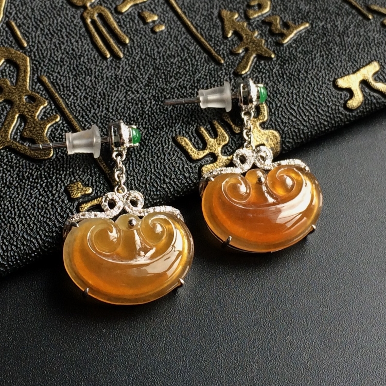(超值推荐)冰种黄翡镶白金钻石如意耳坠