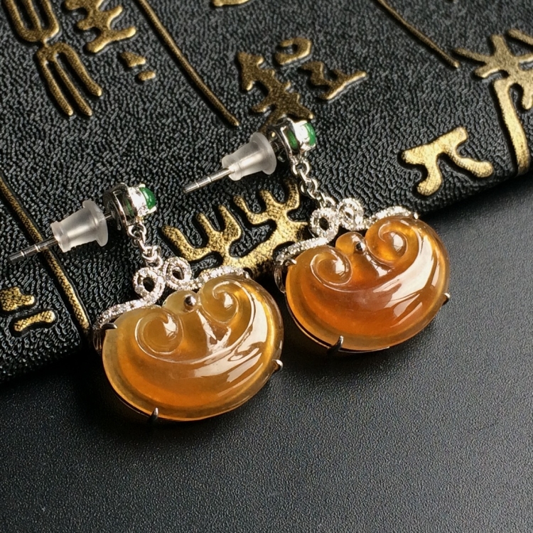 (超值推荐)冰种黄翡镶白金钻石如意耳坠