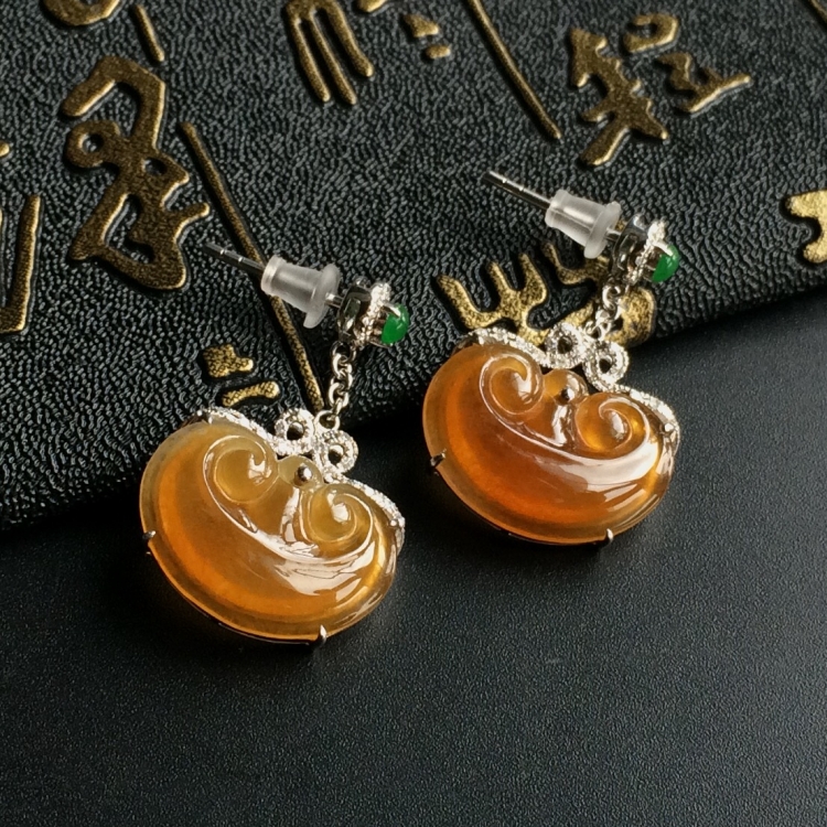 (超值推荐)冰种黄翡镶白金钻石如意耳坠