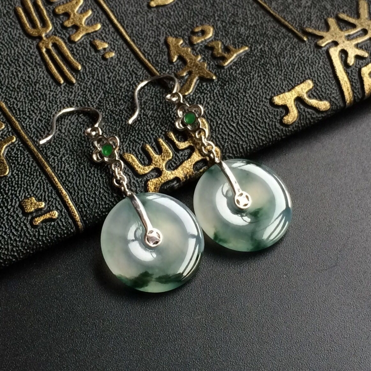(超值推荐)冰种飘花镶白金平安扣耳坠