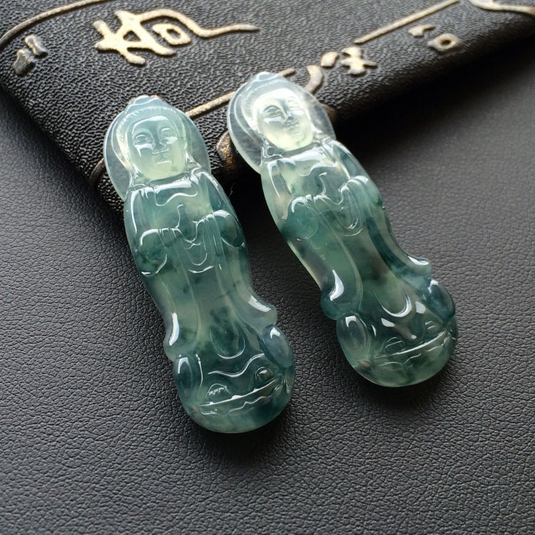 (超值推荐)冰种飘花站观音挂件一对走