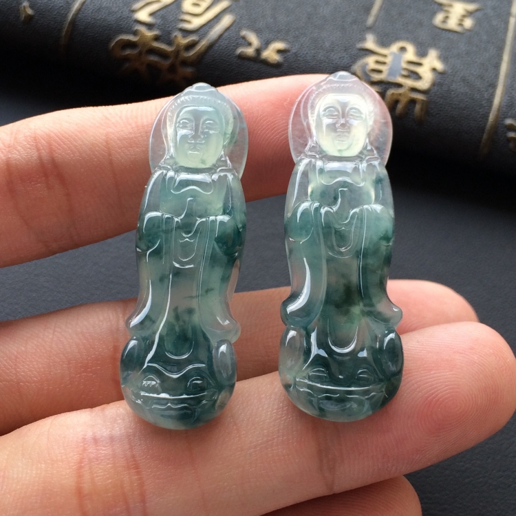 (超值推荐)冰种飘花站观音挂件一对走