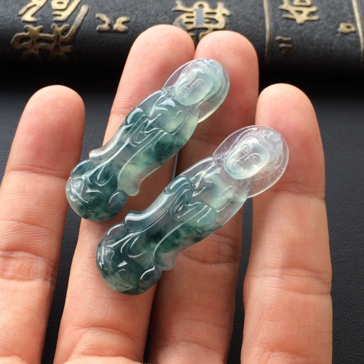 (超值推荐)冰种飘花站观音挂件一对走
