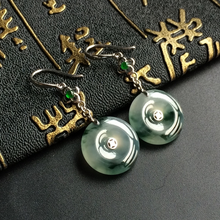 (超值推荐)冰种飘花镶白金平安扣耳坠