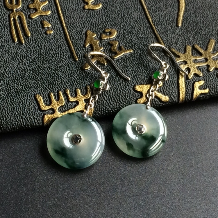 (超值推荐)冰种飘花镶白金平安扣耳坠