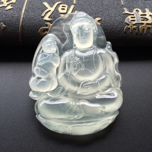 (超值推荐)冰玻种淡晴水童子拜观音挂件【锐光玉雕】