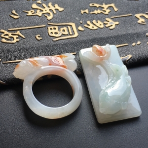 (超值推荐)糯冰种红黄翡金鱼戒指/挂件一套