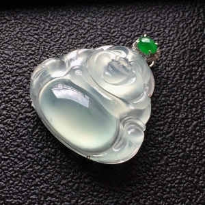 (超值推荐)冰种淡晴水略飘花镶白金钻石玉佛胸坠