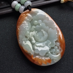 （超值推荐）糯冰种晴水褐黄翡花开富贵挂件