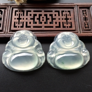 (超值推荐)冰种淡晴水/略飘花玉佛挂件一对走