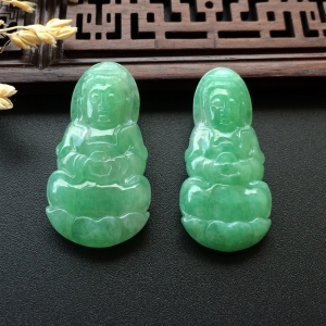 (超值推荐)糯冰种豆绿观音挂件一对走