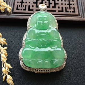 (超值推荐)冰种飘翠镶白金钻石观音胸坠