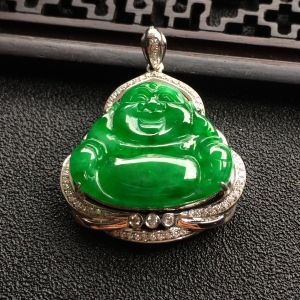 （超值推荐）糯冰种阳绿镶白金钻石玉佛胸坠