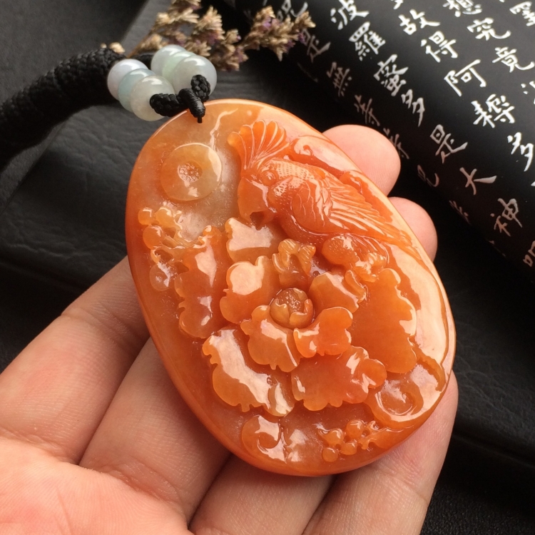 （超值推荐）糯冰种红黄翡花开富贵挂件